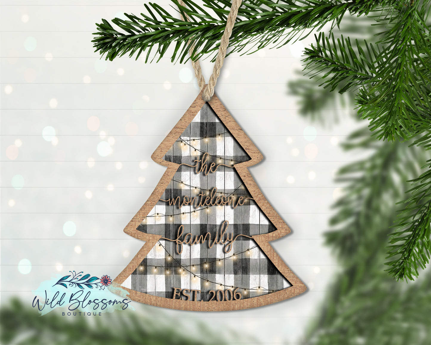 Buffalo Plaid Christmas Tree Family Name Ornament
