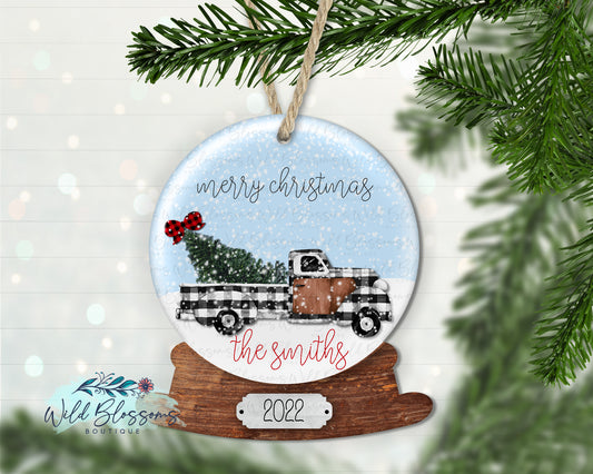 Buffalo Plaid Christmas Truck Snow Globe Ornament