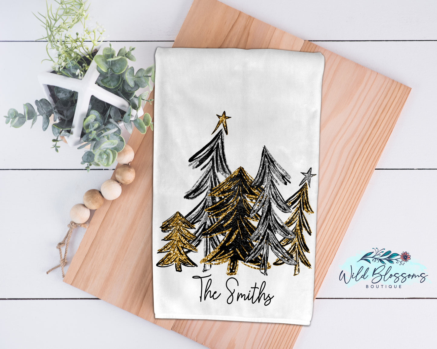 Silver And Gold Glitter Christmas Trees Kitchen Towel