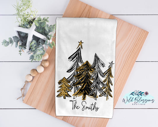 Silver And Gold Glitter Christmas Trees Kitchen Towel