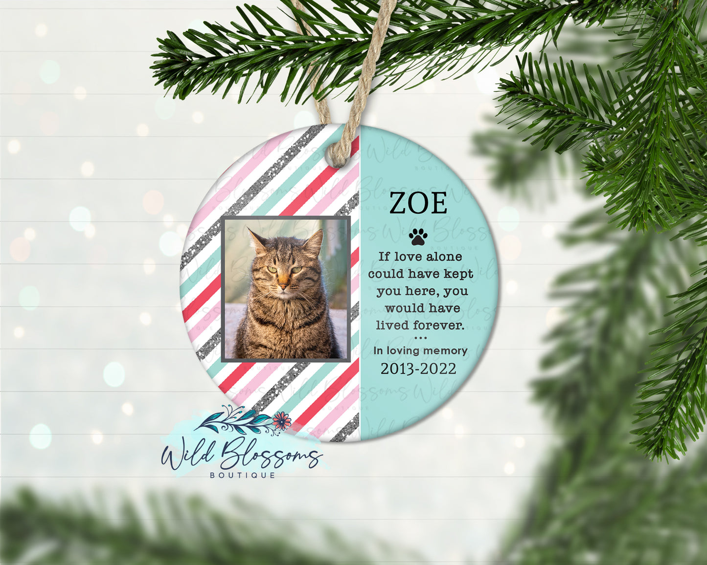 Aqua Striped Pet Memorial Photo Ornament