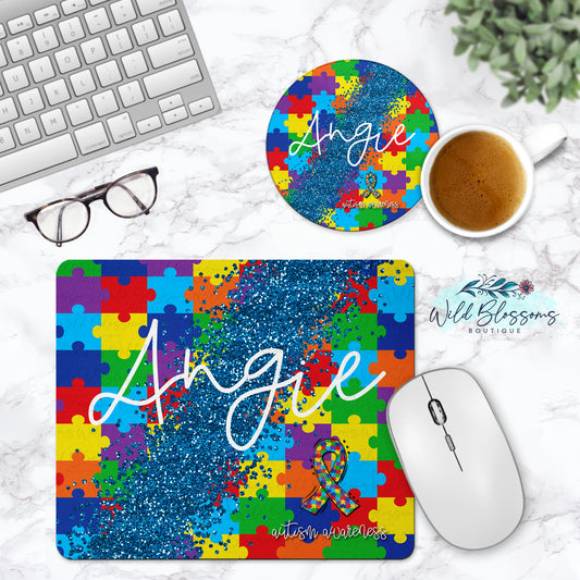 Autism Awareness Personalized Mouse Pad And Coaster Desk Set