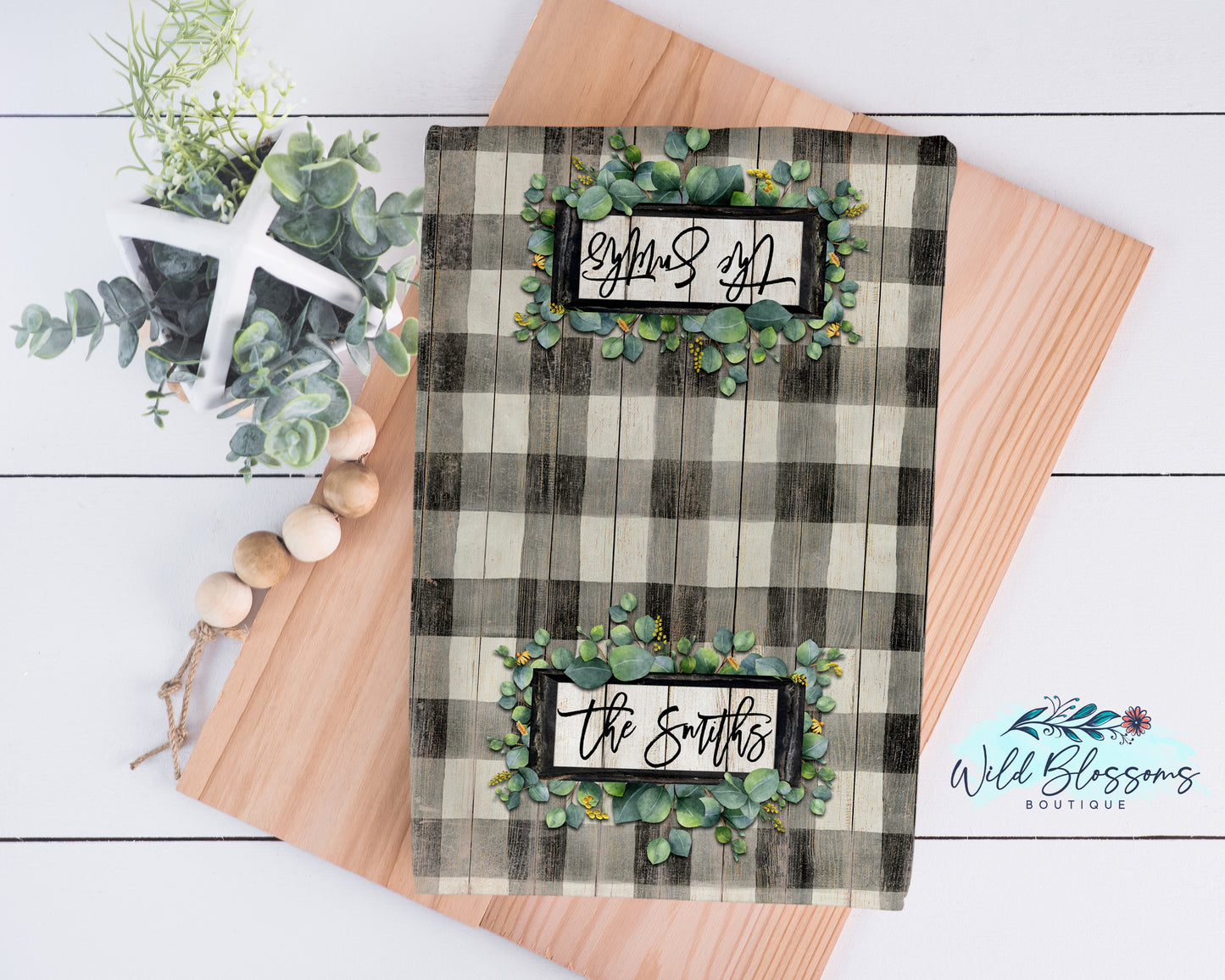 White Buffalo Plaid and Eucalyptus Frame Kitchen Towel