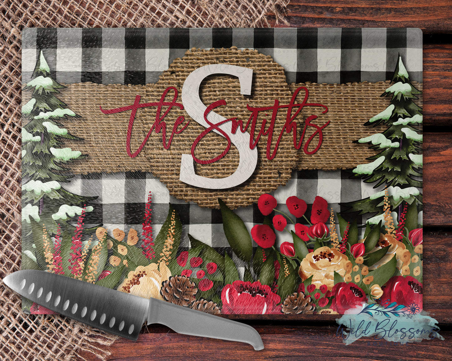 Buffalo Plaid Burlap Christmas Floral Glass Cutting Board