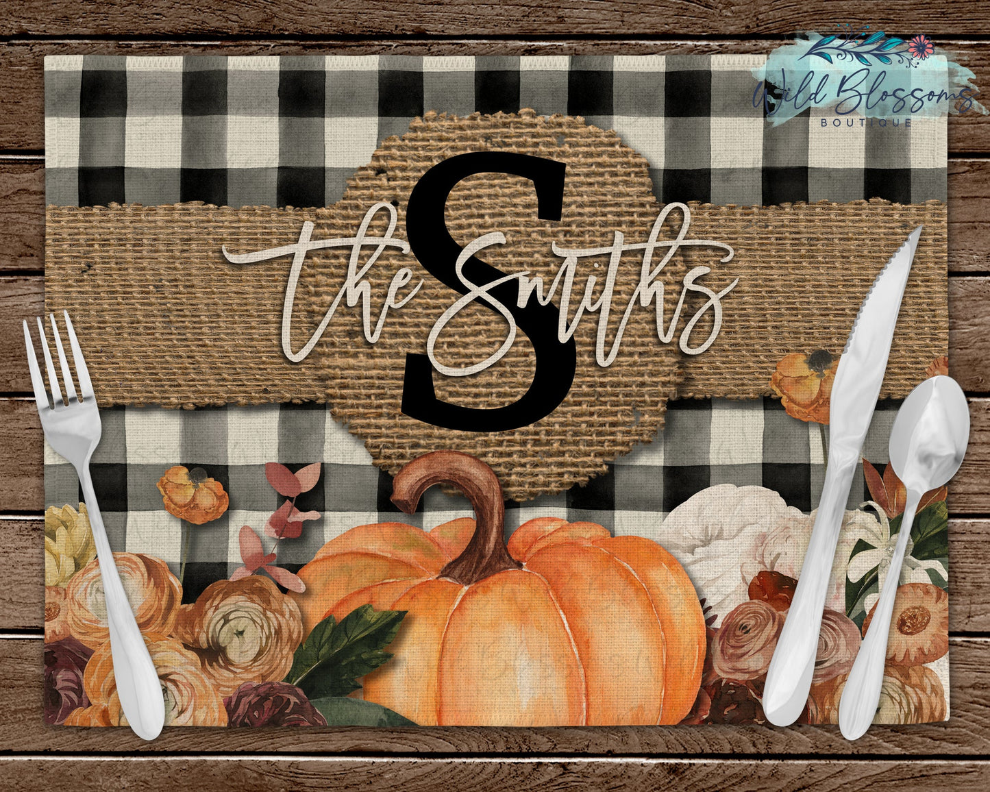 Buffalo Plaid Burlap Fall Floral Placemat