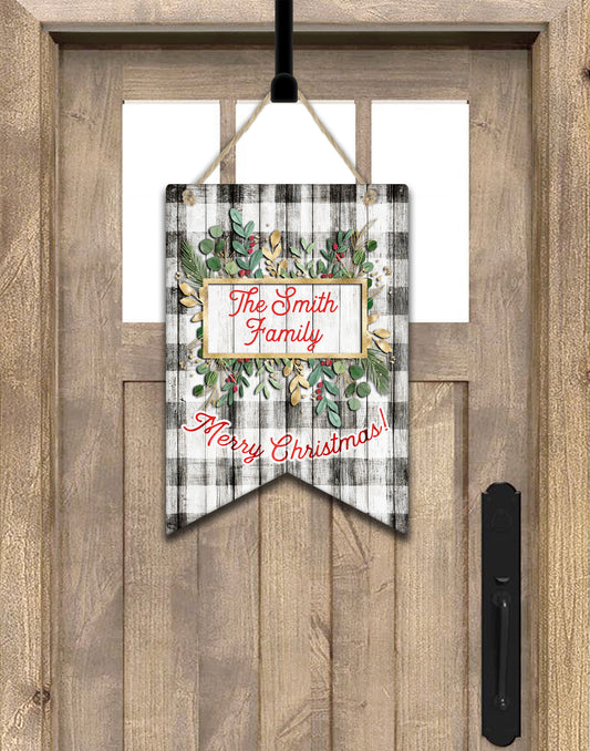 Wooden Buffalo Plaid Christmas Holly Bunting Door Hanger