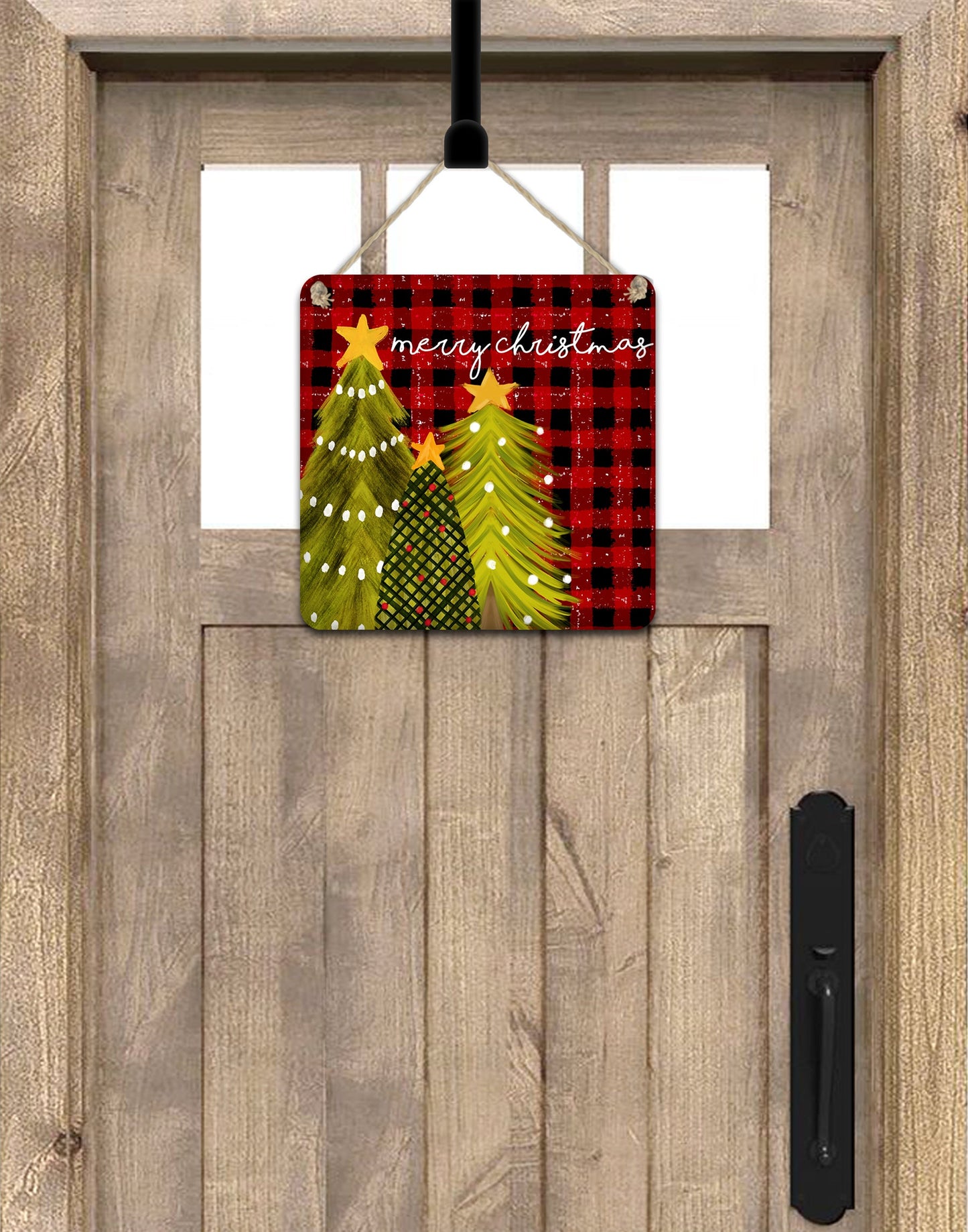 Red Buffalo Plaid Christmas Trees Quatrefoil Door Hanger