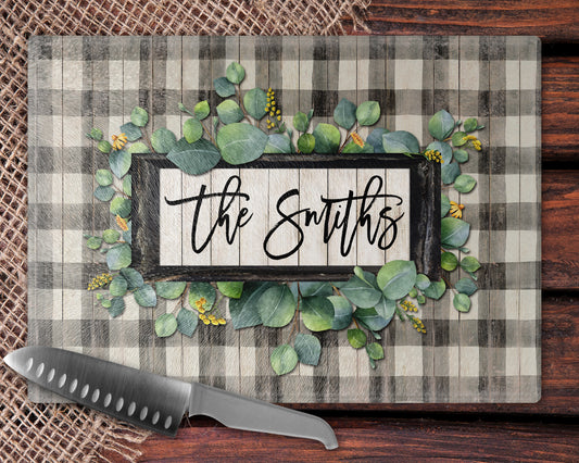 White Buffalo Plaid and Eucalyptus Frame Glass Cutting Board