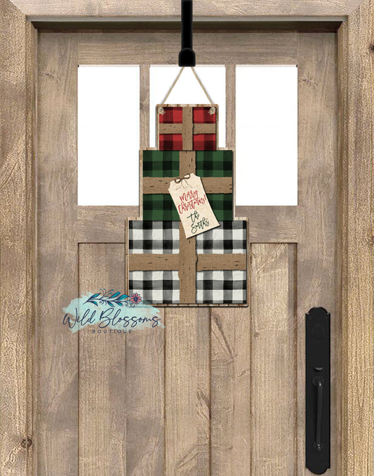 Buffalo Plaid Stacked Christmas Presents Door Hanger