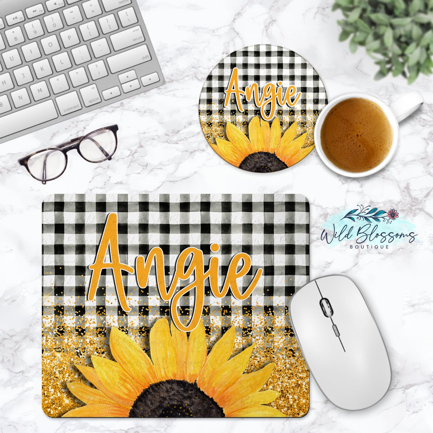 Buffalo Plaid Sunflower Personalized Mouse Pad And Coaster Desk Set