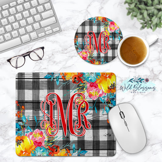 Buffalo Plaid Bright Floral Personalized Mouse Pad And Coaster Desk Set