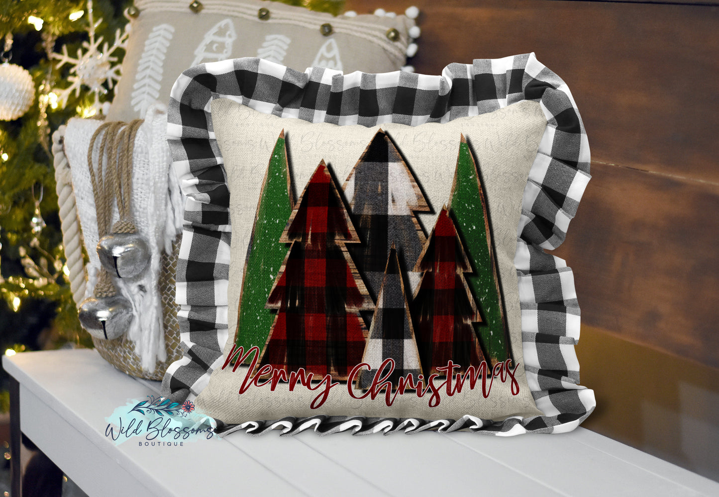 Wooden Buffalo Plaid Farmhouse Merry Christmas Trees Pillow