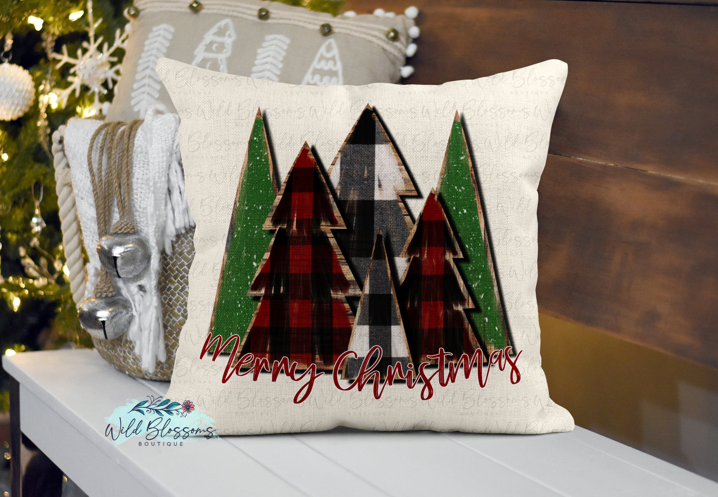 Wooden Buffalo Plaid Farmhouse Merry Christmas Trees Pillow