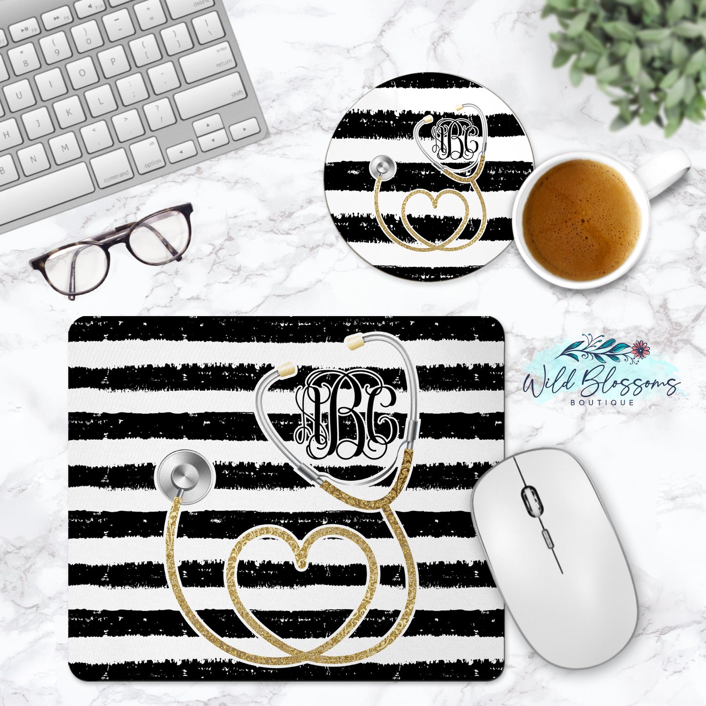 Black And White Striped Gold Stethoscope Personalized Mouse Pad And Coaster Desk Set