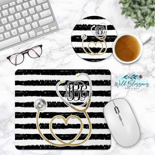 Black And White Striped Gold Stethoscope Personalized Mouse Pad And Coaster Desk Set
