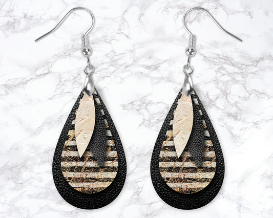 Black And Gold Striped Leather Look Drop Earrings
