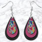 Black, Pink And Grey Floral Leather Look Drop Earrings
