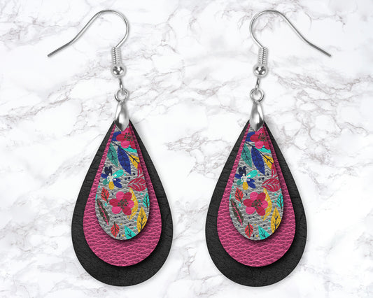 Black, Pink And Grey Floral Leather Look Drop Earrings