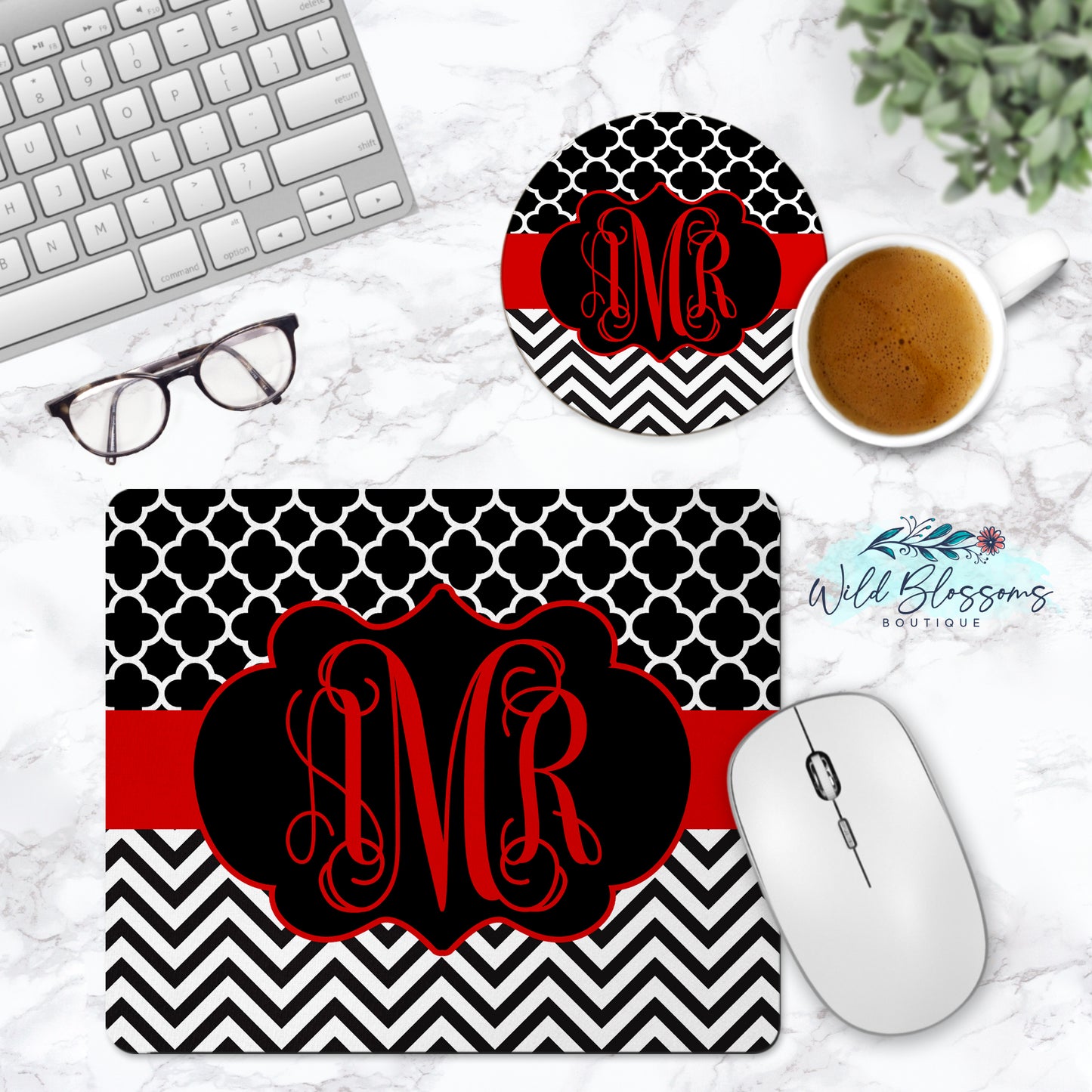 Black And Red Monogram Mouse Pad And Coaster Desk Set