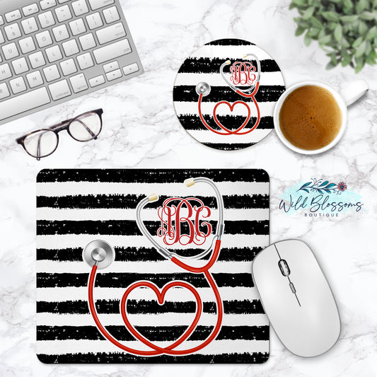 Black And White Striped Red Stethoscope Personalized Mouse Pad And Coaster Desk Set