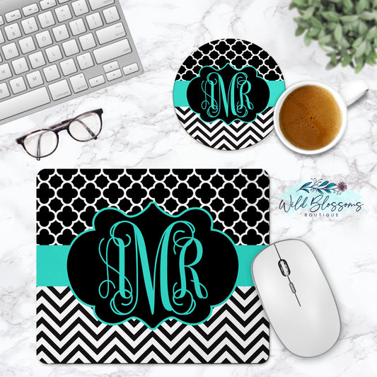 Black And Teal Monogram Mouse Pad And Coaster Desk Set