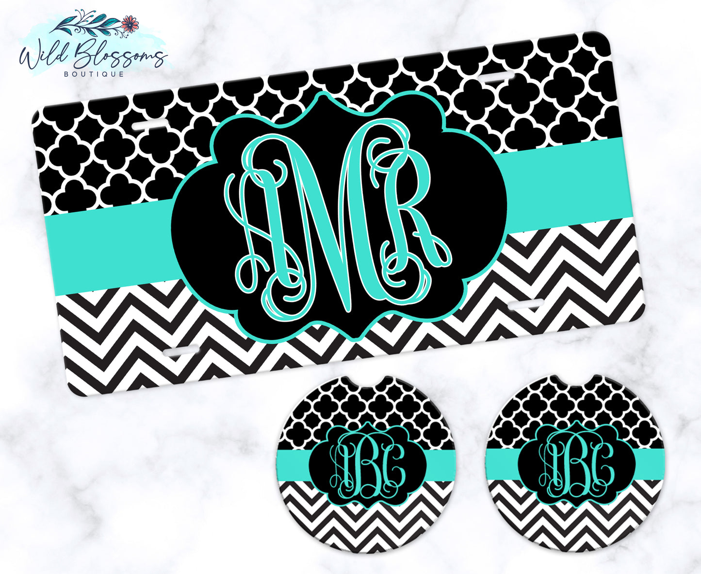 Black And Teal Monogram Car Coasters