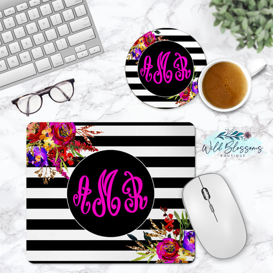 Black And White Striped Bright Floral Personalized Mouse Pad And Desk Set