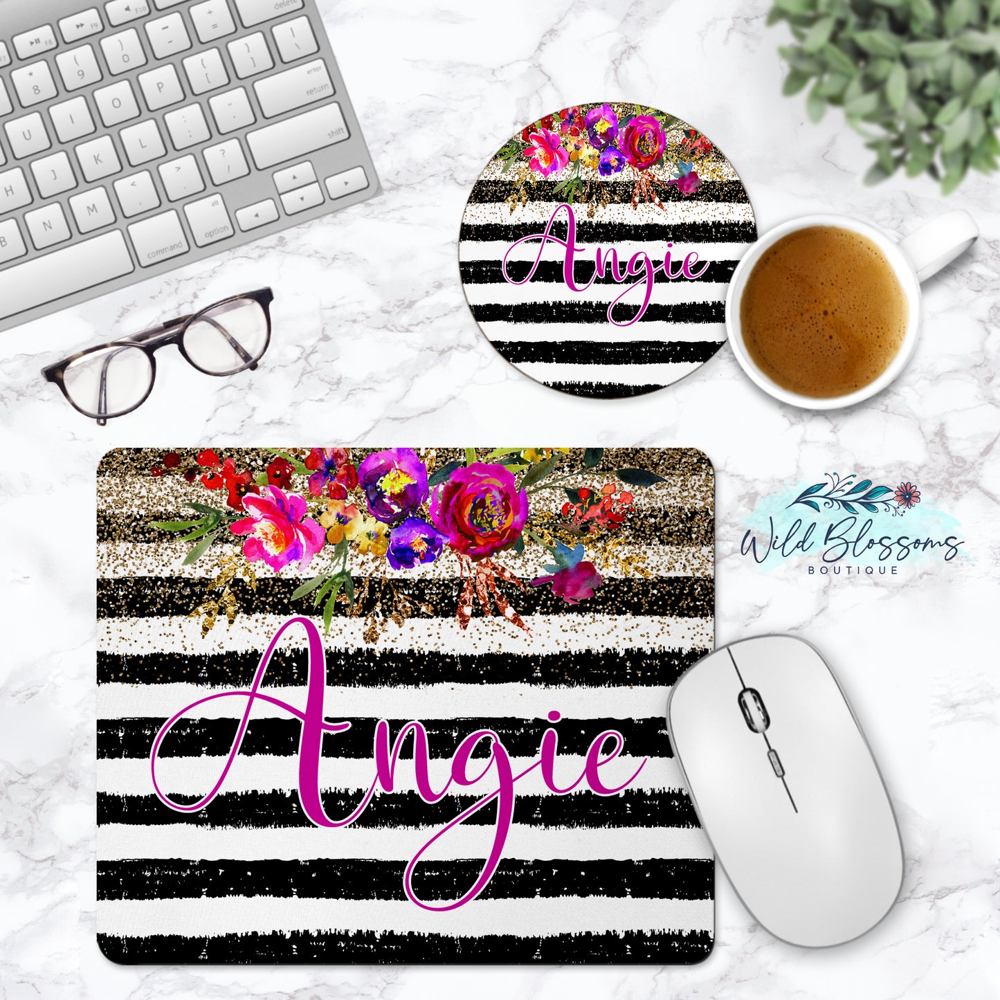 Black And White Striped Gold Floral Personalized Mouse Pad And Coaster Desk Set