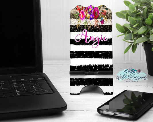 Black And White Striped Gold Floral Phone Stand
