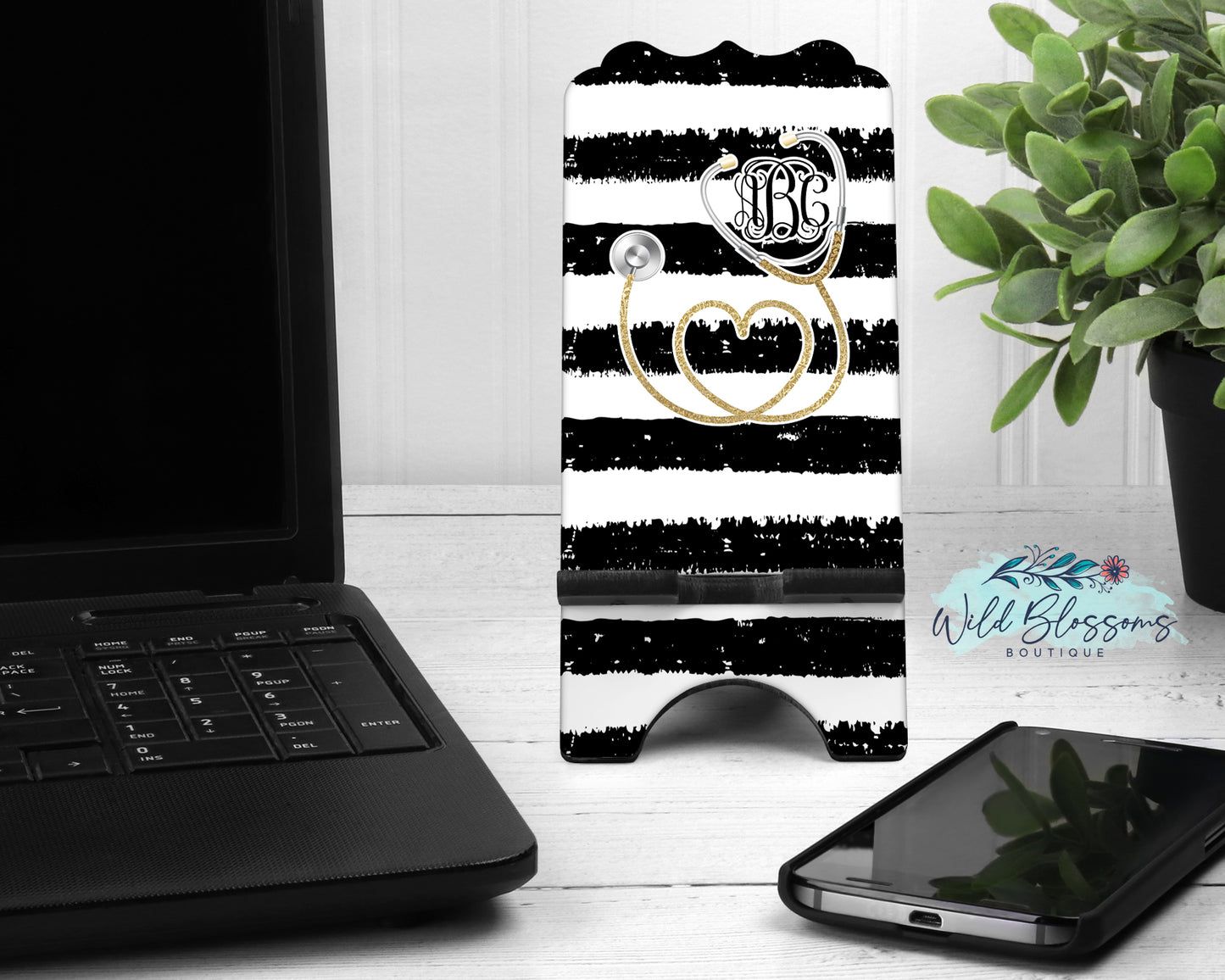 Black And White Striped Gold Stethoscope Personalized Mouse Pad And Coaster Desk Set