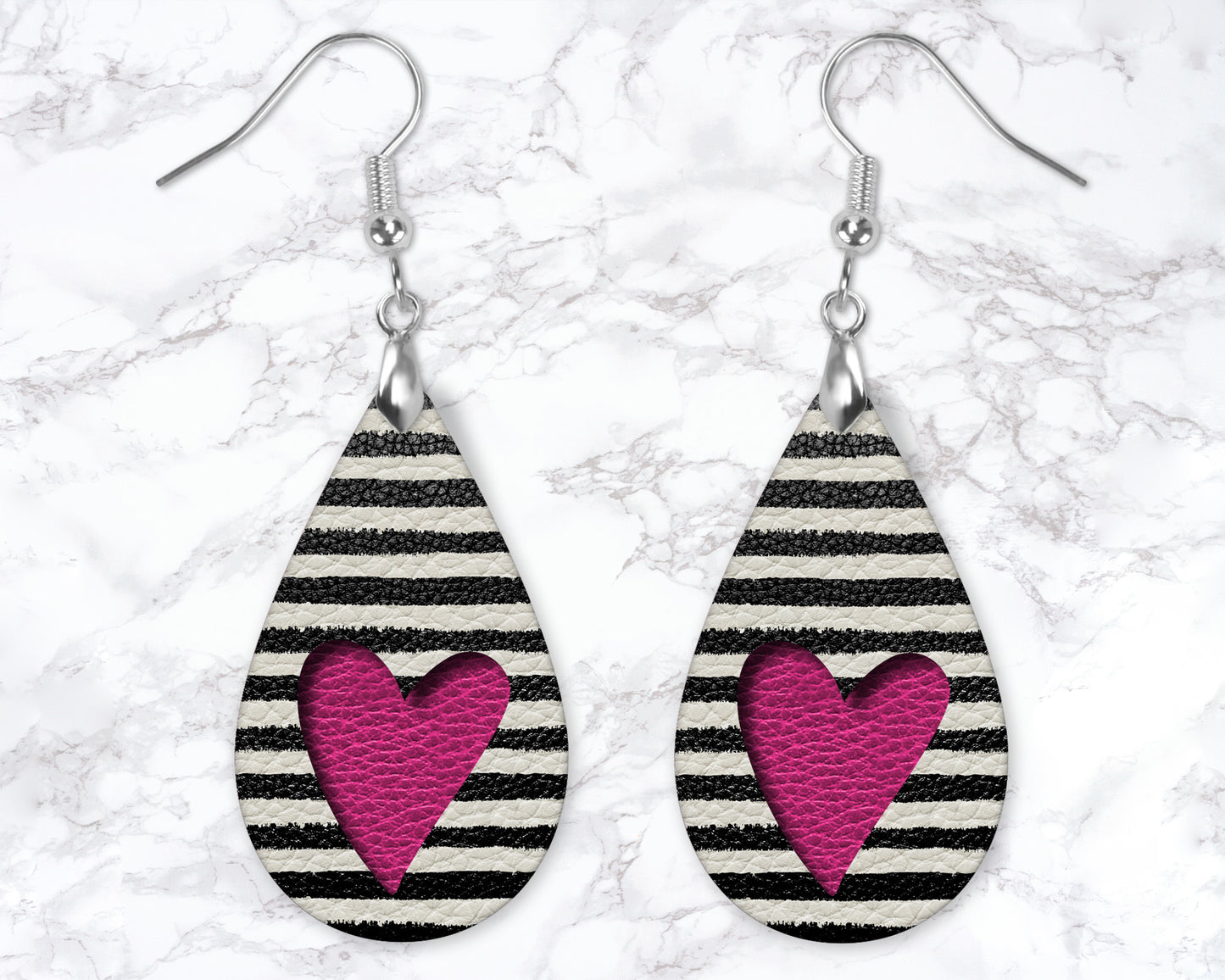 Black And White Striped Pink Heart Leather Look Drop Earrings