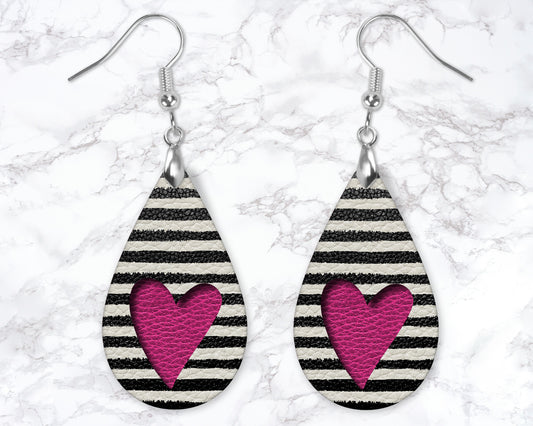 Black And White Striped Pink Heart Leather Look Drop Earrings