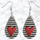 Black And White Striped Red Heart Leather Look Drop Earrings