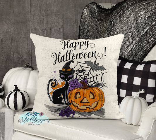 Happy Halloween Black Cat And Pumpkin Pillow