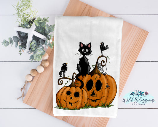 Halloween Black Cat On Pumpkins Kitchen Towel