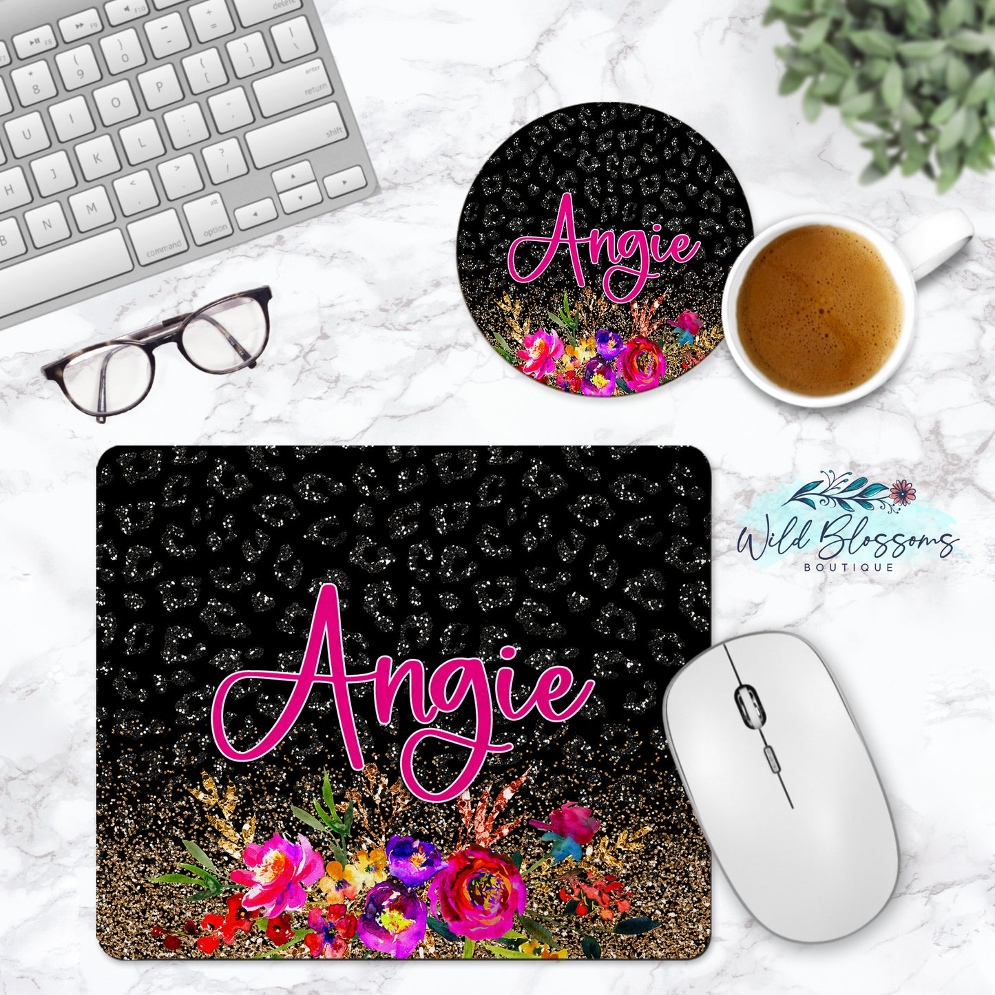 Black Glitter Look Leopard Print Floral Personalized Mouse Pad And Coaster Desk Set
