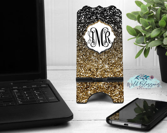 Black and Gold Glitter Ombre Phone Stand