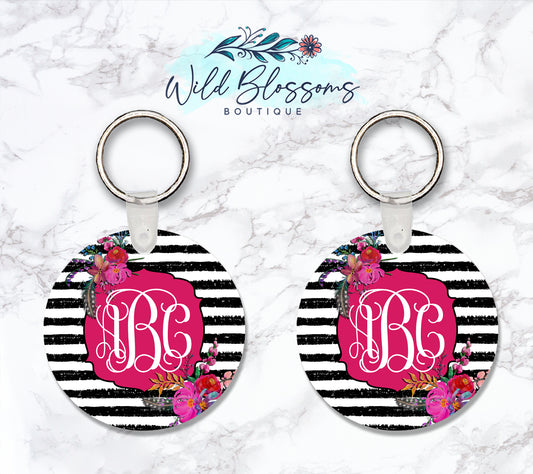 Black And White Striped Bright Floral Keychain