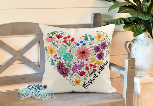 Blessed Mama Floral Heart Pillow