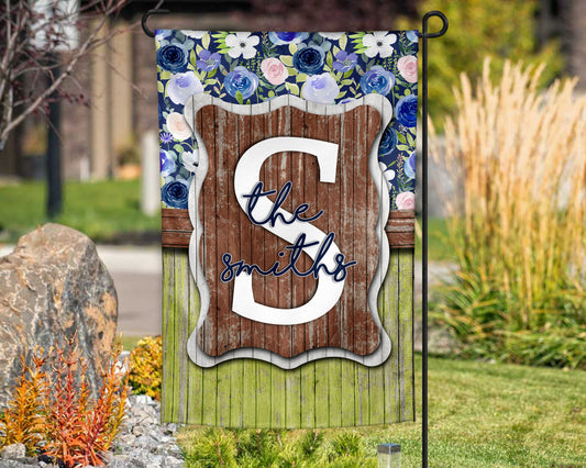 Blue and Green Wooden Floral Garden Flag
