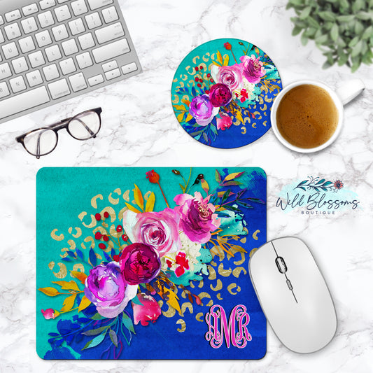 Blue And Teal Floral Personalized Mouse Pad And Coaster Desk Set