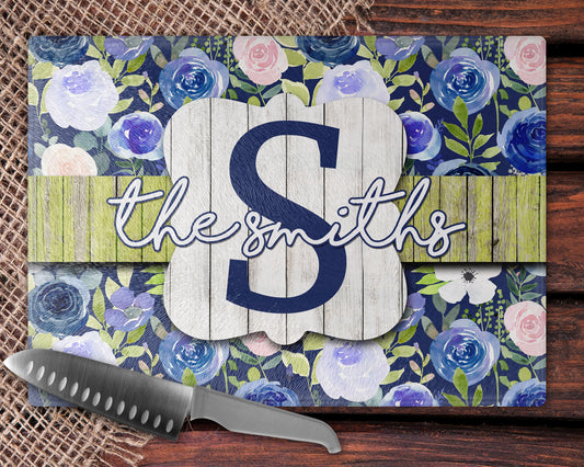 Blue Floral Glass Cutting Board