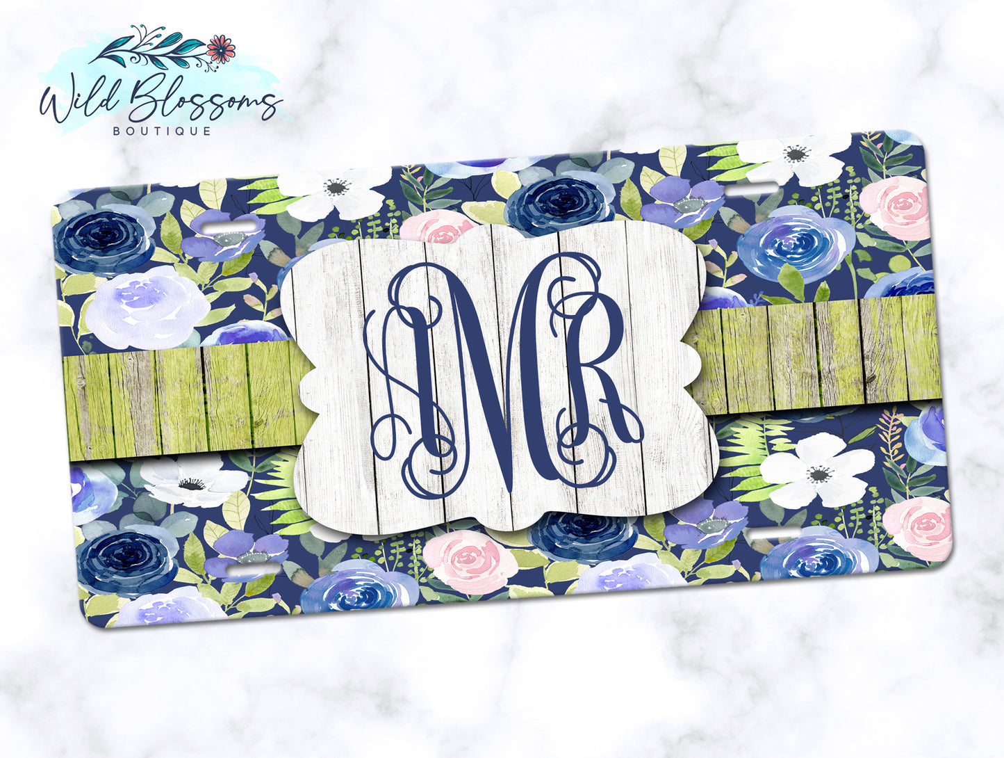 Blue Floral License Plate