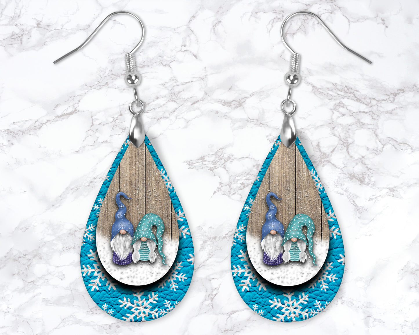 Blue Winter Snowflake Gnome Drop Earrings