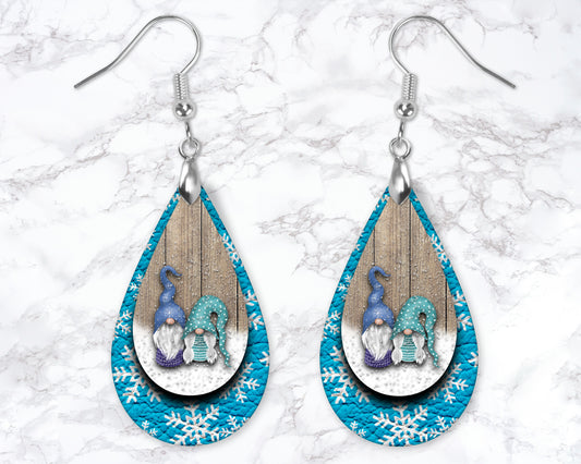 Blue Winter Snowflake Gnome Drop Earrings