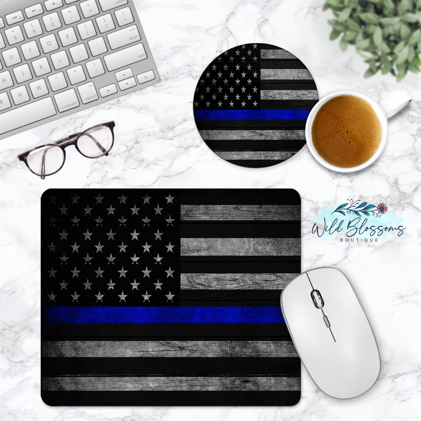 Wooden American Flag Blue Line Personalized Mouse Pad And Coaster Desk Set