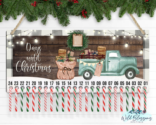 Blue Vintage Truck Days Until Christmas Countdown Advent Door Hanger