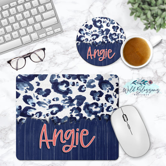 Blue Watercolor Leopard Print Personalized Mouse Pad And Coaster Desk Set