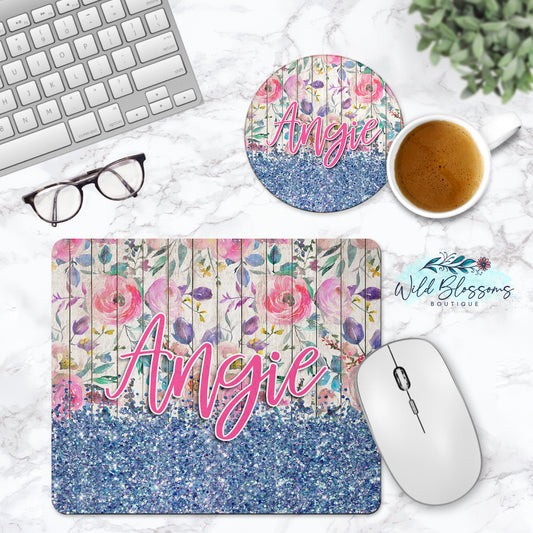 Blue Wooden Floral And Glitter Look Personalized Mouse Pad And Coaster Desk Set