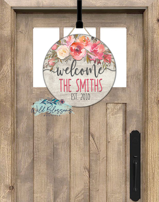 Blush Floral Wooden Welcome Round Door Hanger